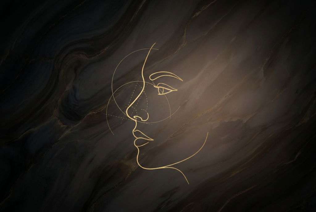 Gold line illustration of a facial profile with proportion guides, evoking rhinoplasty planning