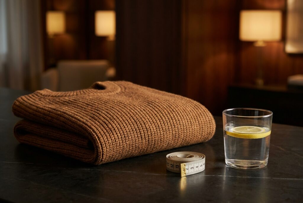 Calm wellness still life: folded knit garment, measuring tape and water