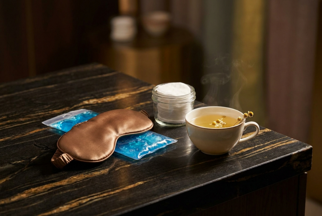 Eyelid surgery aftercare: silk eye mask, cooling compress, cotton and chamomile tea