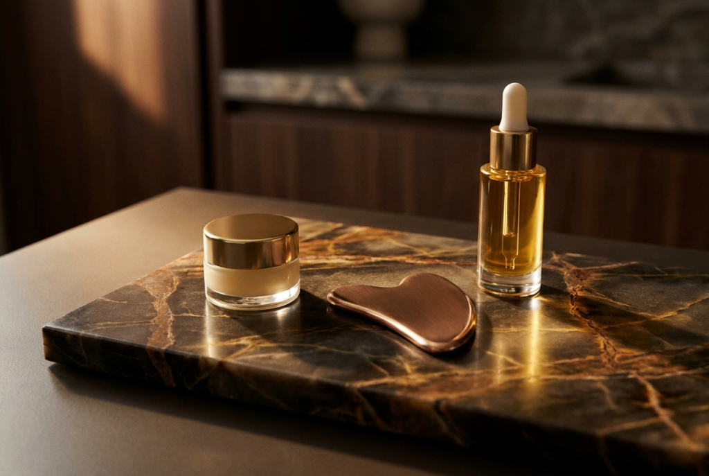 Lip care still life: balm jar, gua sha tool and serum dropper on marble