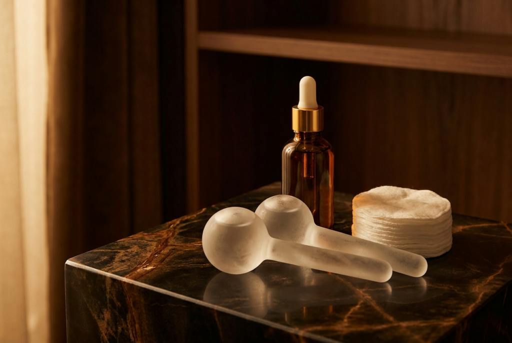 Perioral rejuvenation aftercare: serum dropper, facial ice globes and cotton pads