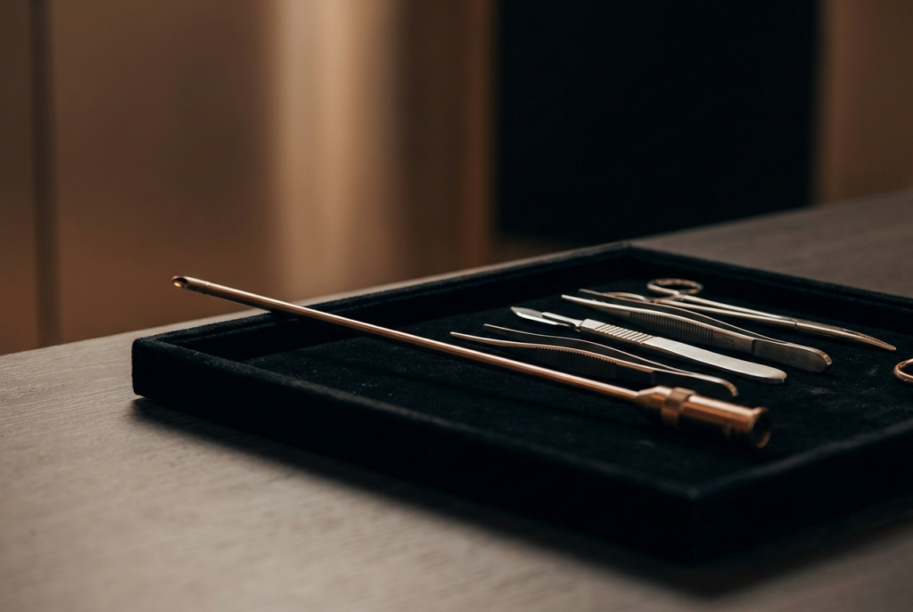 Slim liposuction cannula and instruments on a dark tray