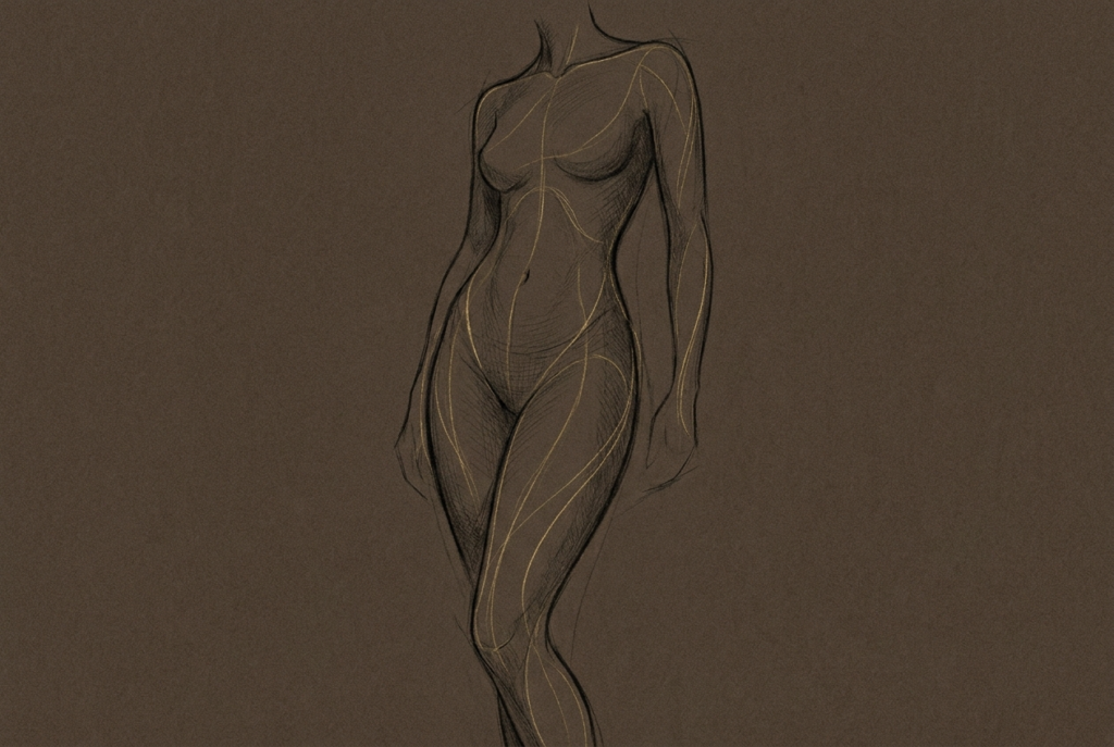 Charcoal and gold body-contouring silhouette study with shaping lines