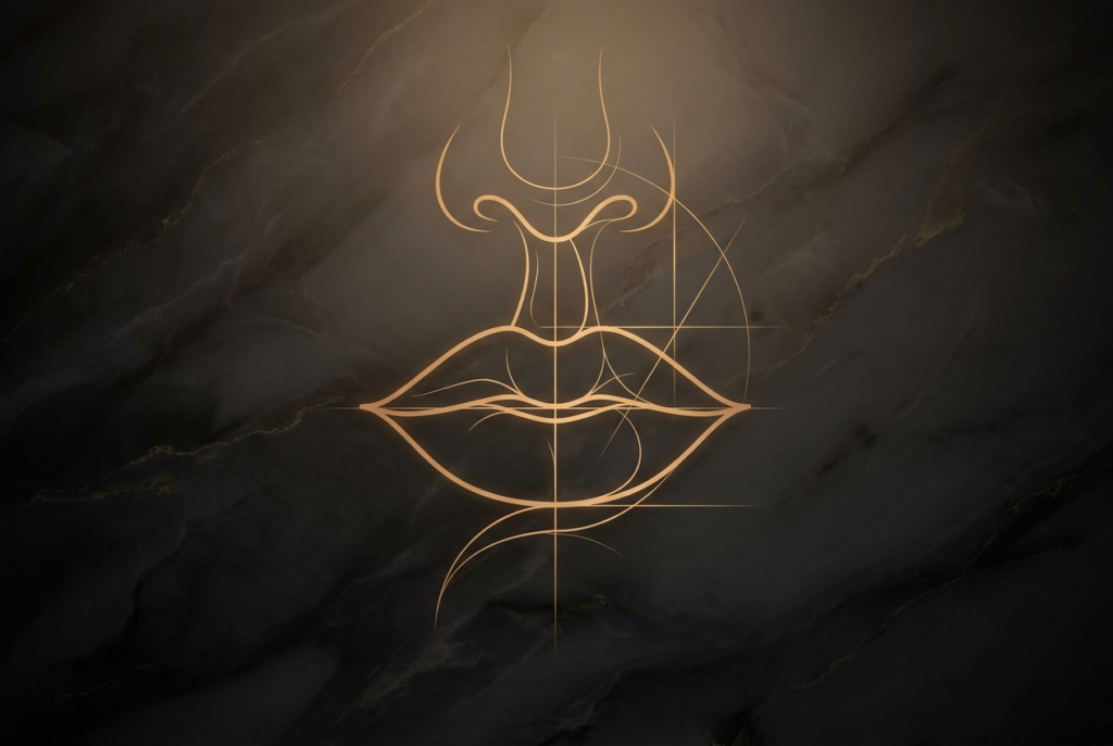 Gold line study of the lips and philtrum with proportion lines